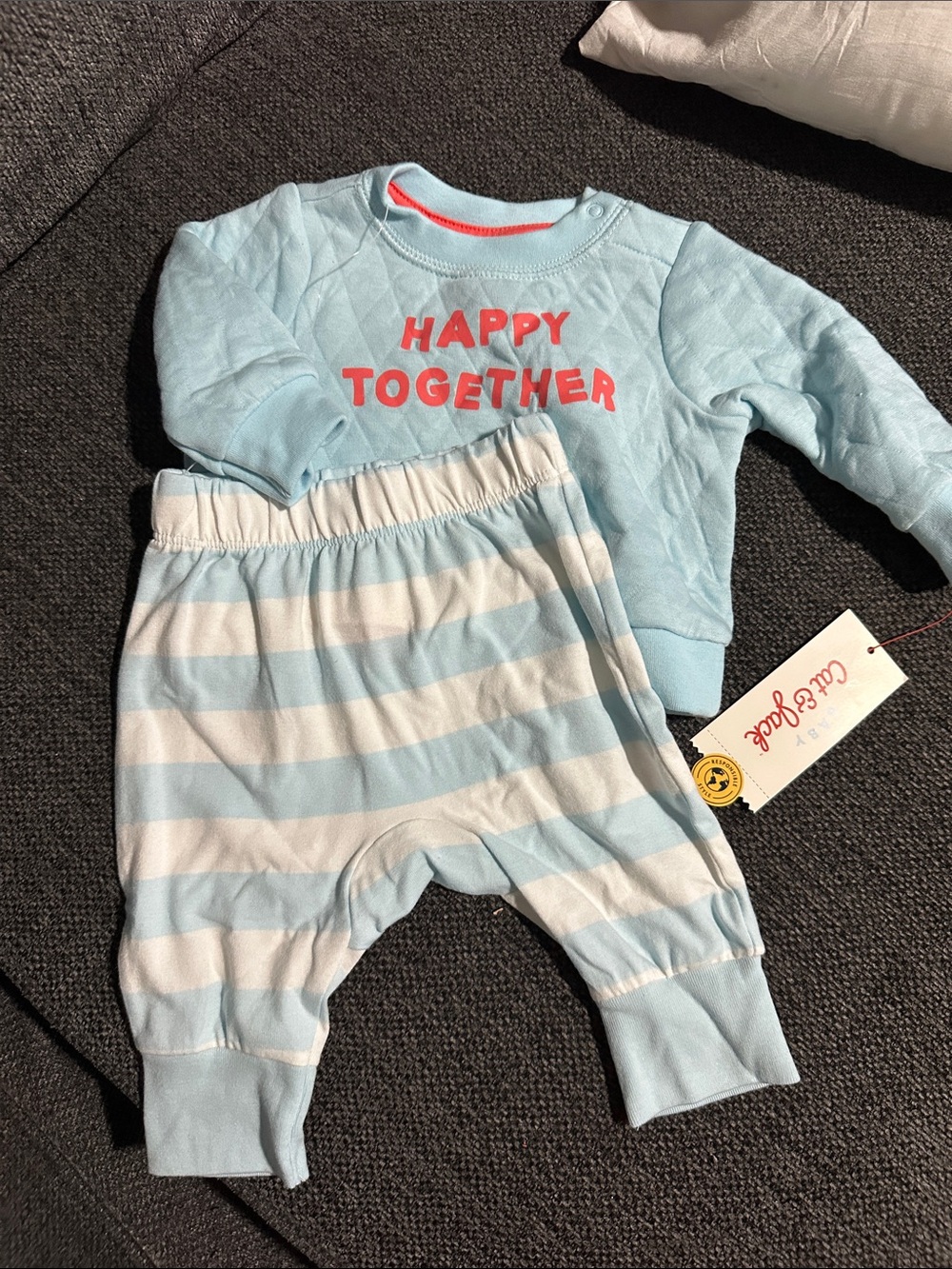 Cat & Jack Light Blue and White "Happy Together" Quilted Top & Striped Pants Set